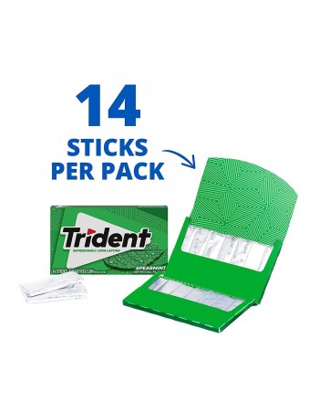 Paquete con 14 unidades cada un de goma de mascar Trident Spearmint sin azúcar sabor menta verde.