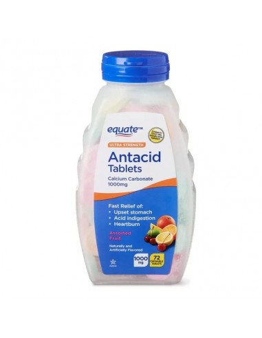 Equate Ultra Strength Antacid Chewable Fruit Tablets, over the Counter, 1000 mg, 72 Ct