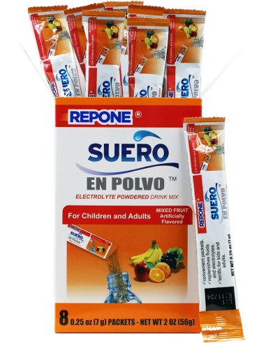 Solución de polvo de electrolitos sabor fruta, paquetes de 8 onzas, 1 caja con 8 paquetes.